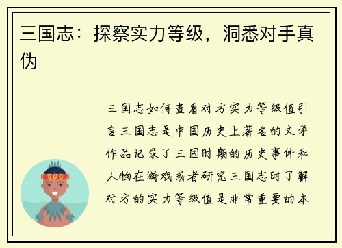 三国志：探察实力等级，洞悉对手真伪